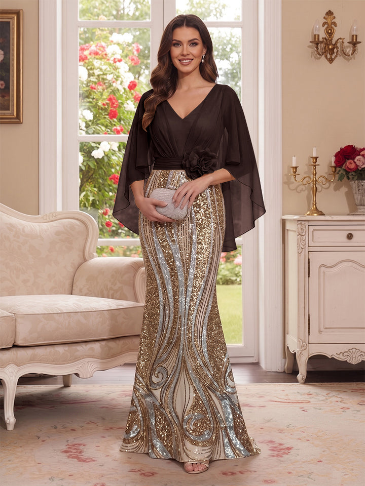 Trumpet/Mermaid V Neck Half Sleeves Floor-Length Mother of the Bride Dresses with Cape &amp; 3D Floral