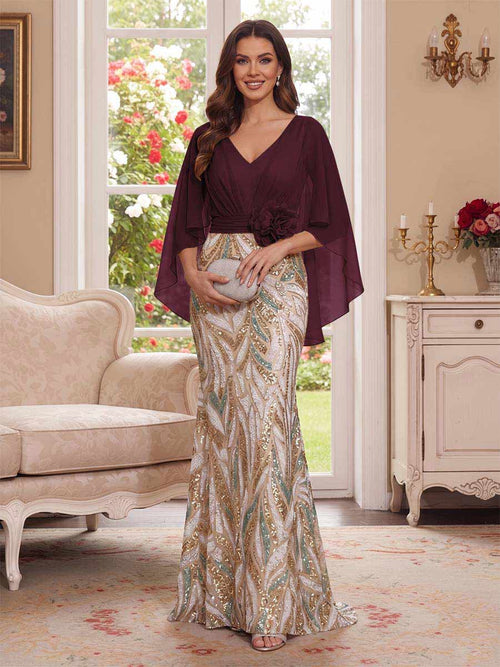 Trumpet/Mermaid V Neck Half Sleeves Floor-Length Mother of the Bride Dresses with Cape & 3D Floral