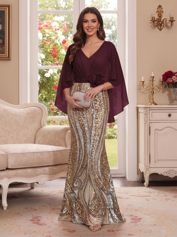 Trumpet/Mermaid V Neck Half Sleeves Floor-Length Mother of the Bride Dresses with Cape &amp; 3D Floral