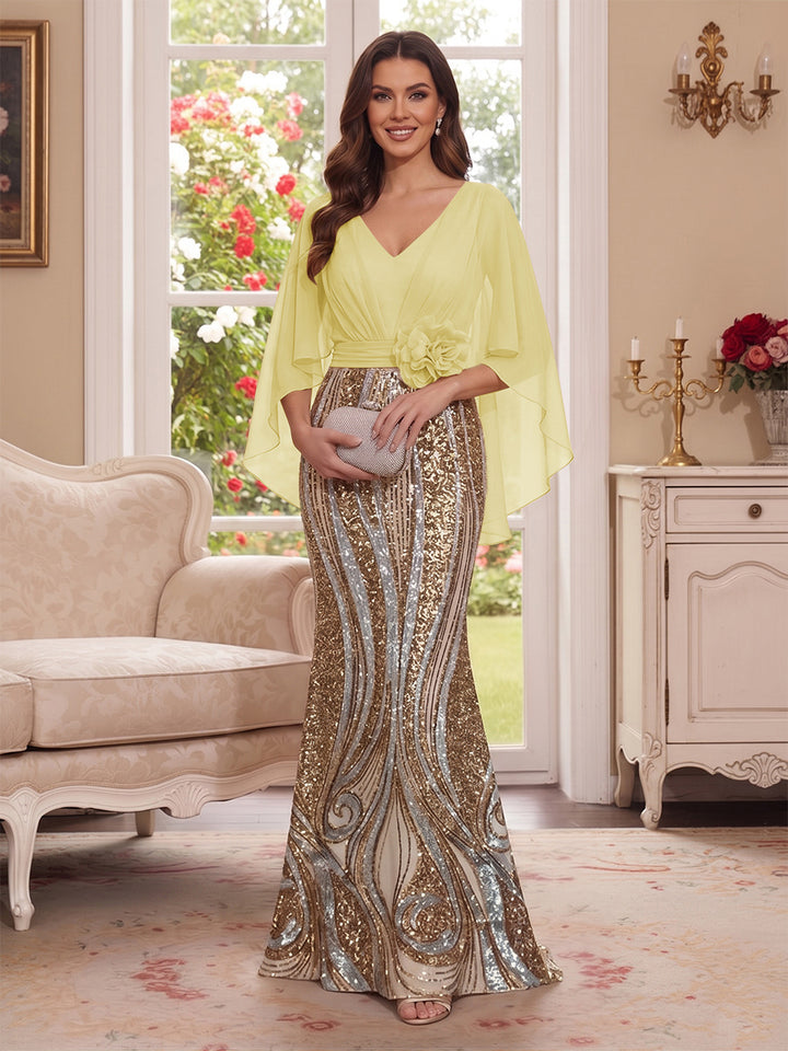 Trumpet/Mermaid V Neck Half Sleeves Floor-Length Mother of the Bride Dresses with Cape &amp; 3D Floral