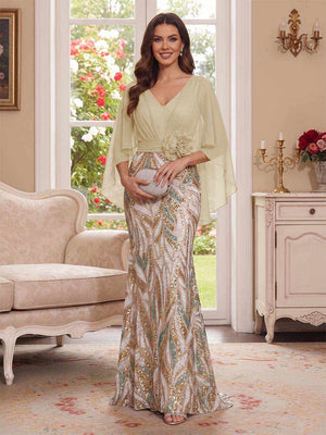 Trumpet/Mermaid V Neck Half Sleeves Floor-Length Mother of the Bride Dresses with Cape & 3D Floral