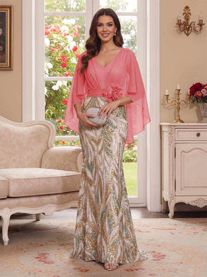 Trumpet/Mermaid V Neck Half Sleeves Floor-Length Mother of the Bride Dresses with Cape & 3D Floral