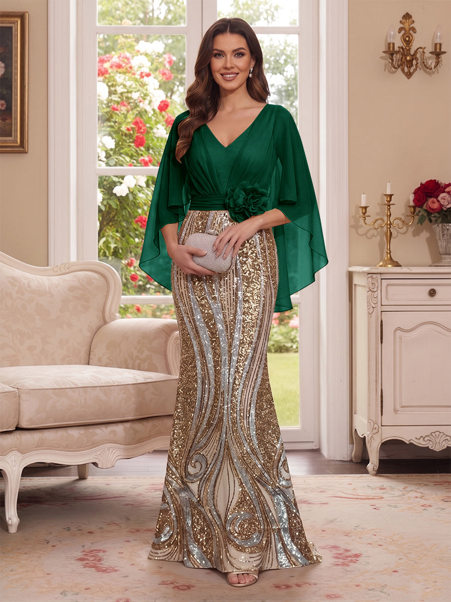 Trumpet/Mermaid V Neck Half Sleeves Floor-Length Mother of the Bride Dresses with Cape &amp; 3D Floral