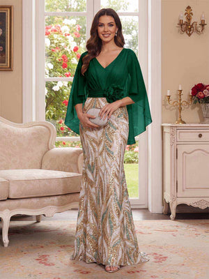Trumpet/Mermaid V Neck Half Sleeves Floor-Length Mother of the Bride Dresses with Cape & 3D Floral
