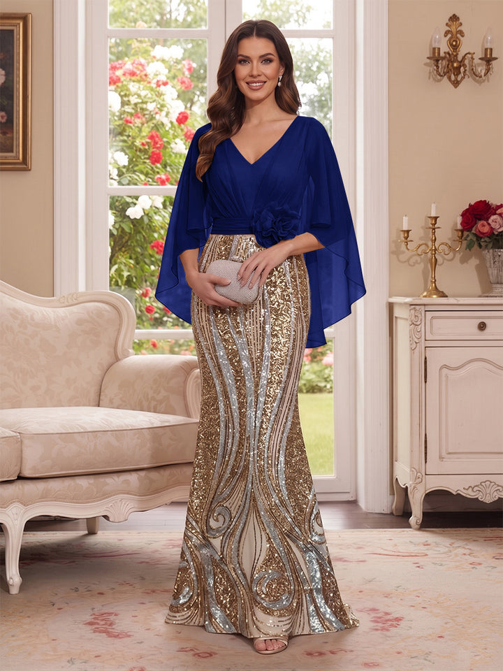 Trumpet/Mermaid V Neck Half Sleeves Floor-Length Mother of the Bride Dresses with Cape &amp; 3D Floral