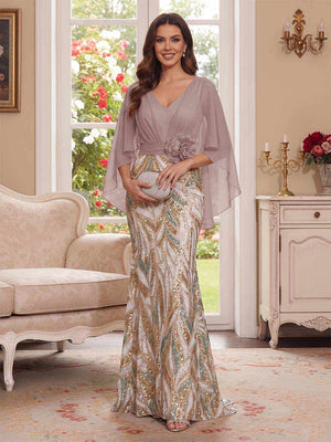 Trumpet/Mermaid V Neck Half Sleeves Floor-Length Mother of the Bride Dresses with Cape & 3D Floral