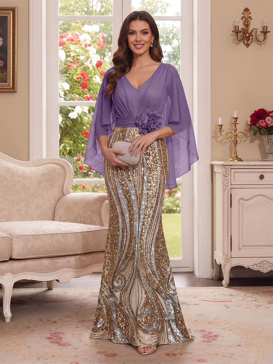 Trumpet/Mermaid V Neck Half Sleeves Floor-Length Mother of the Bride Dresses with Cape &amp; 3D Floral