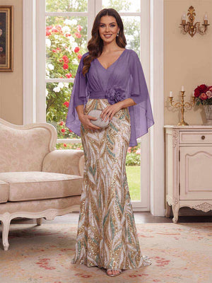 Trumpet/Mermaid V Neck Half Sleeves Floor-Length Mother of the Bride Dresses with Cape & 3D Floral