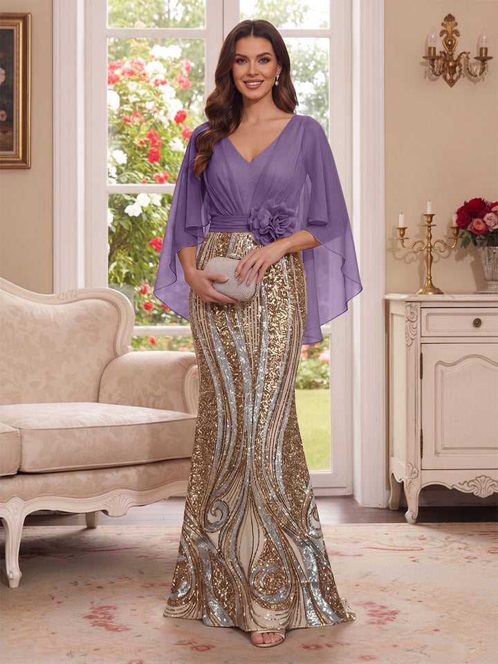 Trumpet/Mermaid V Neck Half Sleeves Floor-Length Mother of the Bride Dresses with Cape &amp; 3D Floral