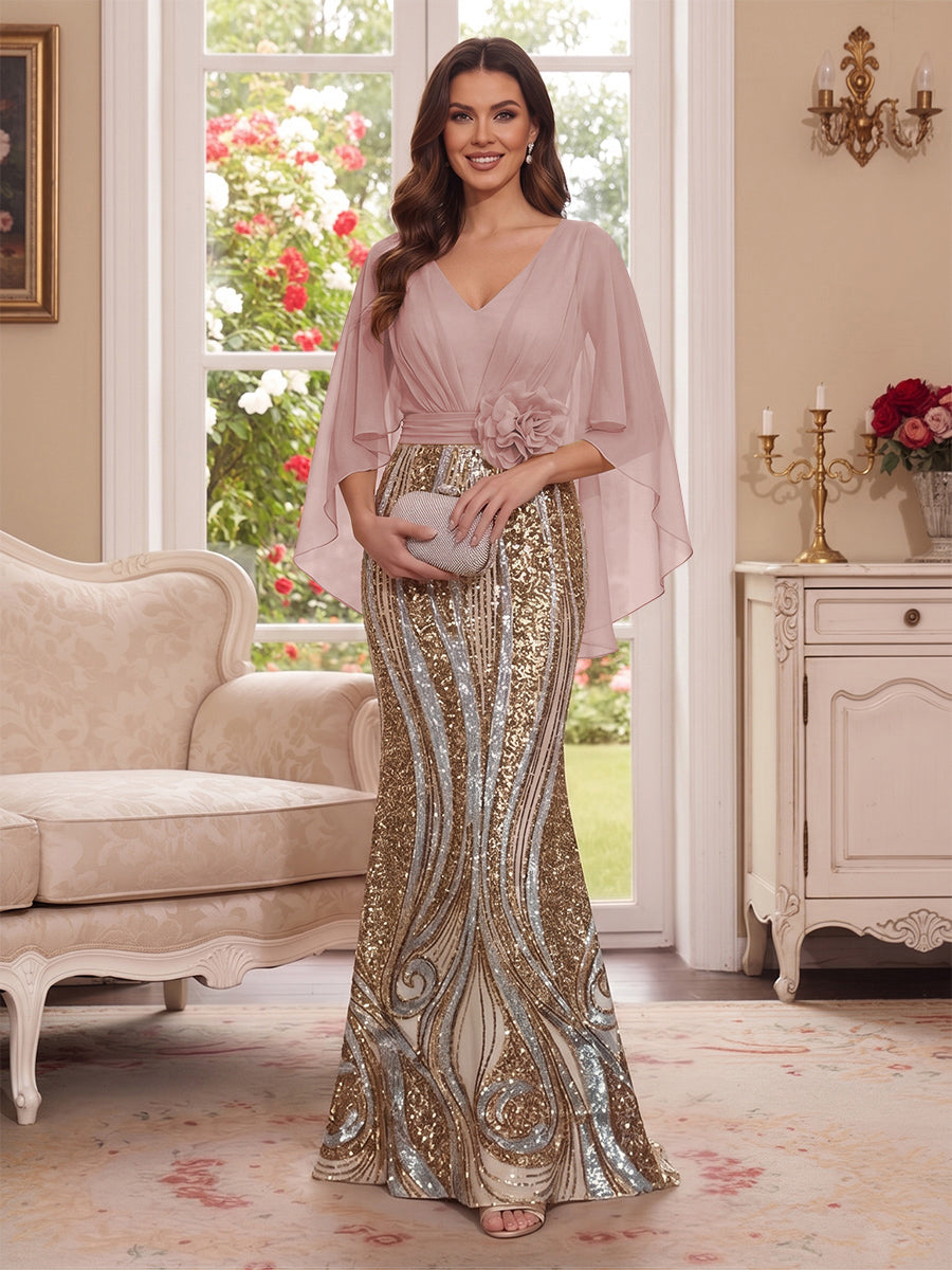 Trumpet/Mermaid V Neck Half Sleeves Floor-Length Mother of the Bride Dresses with Cape &amp; 3D Floral