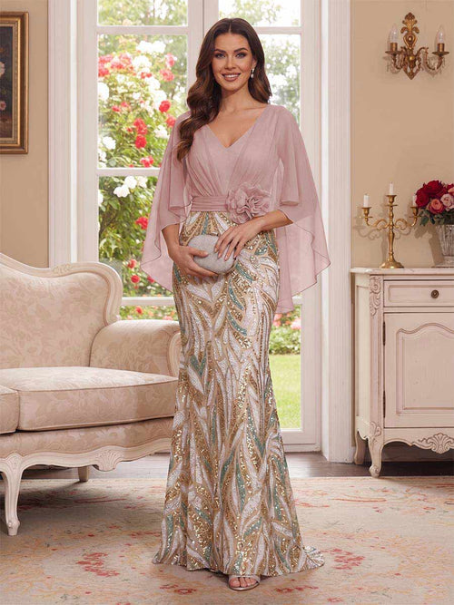 Trumpet/Mermaid V Neck Half Sleeves Floor-Length Mother of the Bride Dresses with Cape & 3D Floral