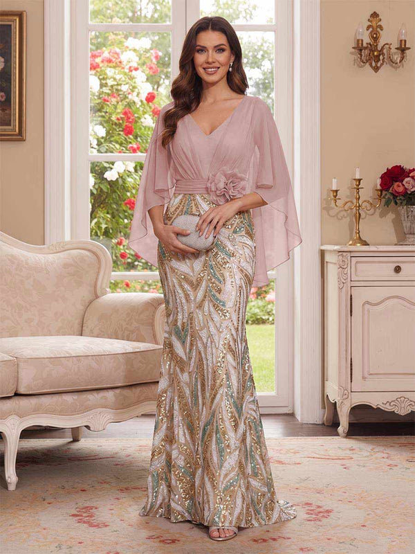 Trumpet/Mermaid V Neck Half Sleeves Floor-Length Mother of the Bride Dresses with Cape & 3D Floral
