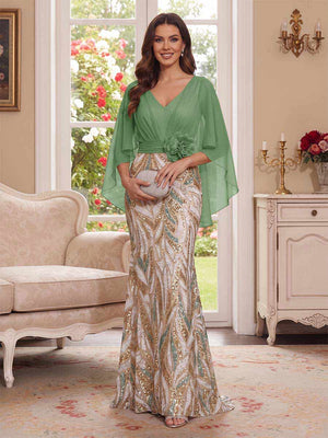 Trumpet/Mermaid V Neck Half Sleeves Floor-Length Mother of the Bride Dresses with Cape & 3D Floral
