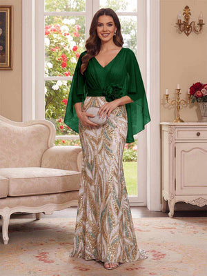 Trumpet/Mermaid V Neck Half Sleeves Floor-Length Mother of the Bride Dresses with Cape & 3D Floral