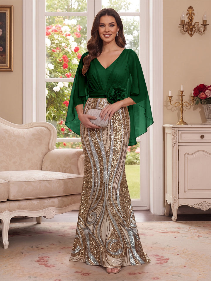 Trumpet/Mermaid V Neck Half Sleeves Floor-Length Mother of the Bride Dresses with Cape &amp; 3D Floral