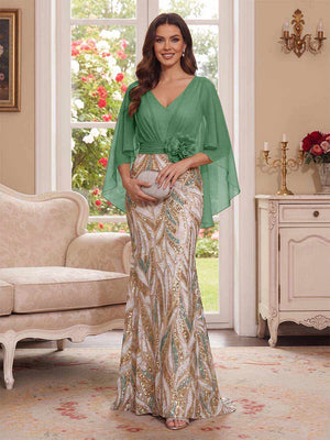 Trumpet/Mermaid V Neck Half Sleeves Floor-Length Mother of the Bride Dresses with Cape & 3D Floral