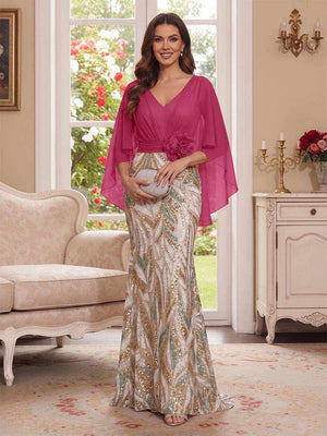 Trumpet/Mermaid V Neck Half Sleeves Floor-Length Mother of the Bride Dresses with Cape & 3D Floral