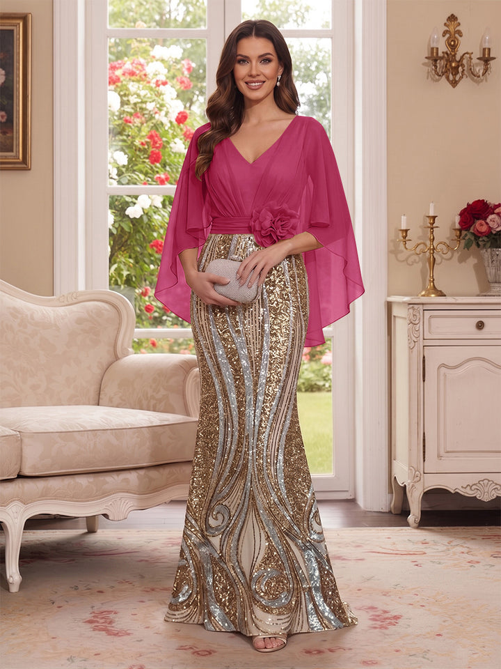 Trumpet/Mermaid V Neck Half Sleeves Floor-Length Mother of the Bride Dresses with Cape &amp; 3D Floral