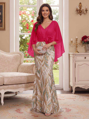 Trumpet/Mermaid V Neck Half Sleeves Floor-Length Mother of the Bride Dresses with Cape & 3D Floral