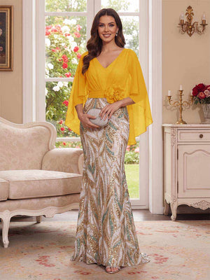 Trumpet/Mermaid V Neck Half Sleeves Floor-Length Mother of the Bride Dresses with Cape & 3D Floral