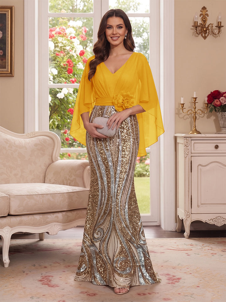 Trumpet/Mermaid V Neck Half Sleeves Floor-Length Mother of the Bride Dresses with Cape &amp; 3D Floral