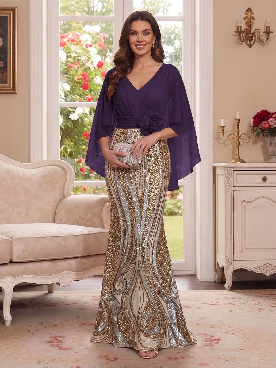 Trumpet/Mermaid V Neck Half Sleeves Floor-Length Mother of the Bride Dresses with Cape &amp; 3D Floral
