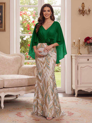 Trumpet/Mermaid V Neck Half Sleeves Floor-Length Mother of the Bride Dresses with Cape & 3D Floral
