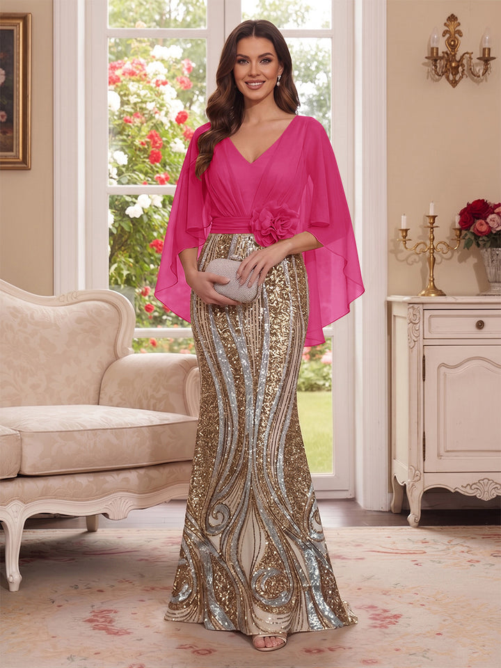 Trumpet/Mermaid V Neck Half Sleeves Floor-Length Mother of the Bride Dresses with Cape &amp; 3D Floral