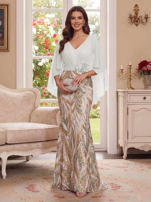 Trumpet/Mermaid V Neck Half Sleeves Floor-Length Mother of the Bride Dresses with Cape & 3D Floral