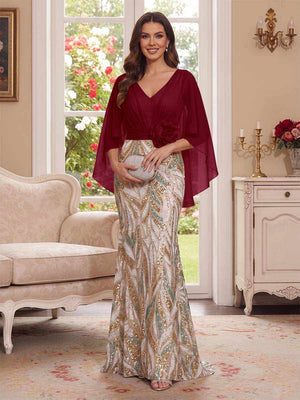 Trumpet/Mermaid V Neck Half Sleeves Floor-Length Mother of the Bride Dresses with Cape & 3D Floral