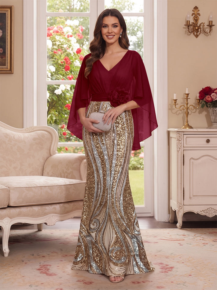 Trumpet/Mermaid V Neck Half Sleeves Floor-Length Mother of the Bride Dresses with Cape &amp; 3D Floral