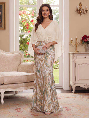 Trumpet/Mermaid V Neck Half Sleeves Floor-Length Mother of the Bride Dresses with Cape & 3D Floral