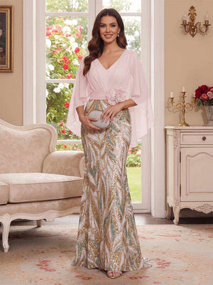 Trumpet/Mermaid V Neck Half Sleeves Floor-Length Mother of the Bride Dresses with Cape & 3D Floral