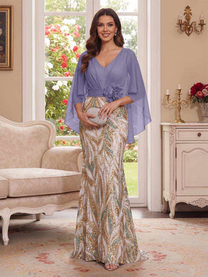 Trumpet/Mermaid V Neck Half Sleeves Floor-Length Mother of the Bride Dresses with Cape & 3D Floral
