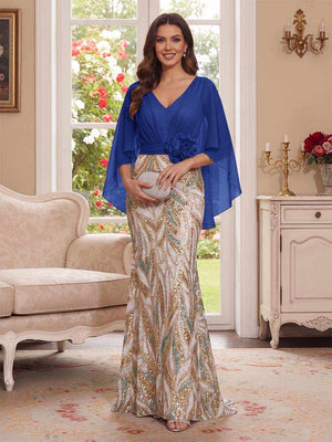 Trumpet/Mermaid V Neck Half Sleeves Floor-Length Mother of the Bride Dresses with Cape & 3D Floral