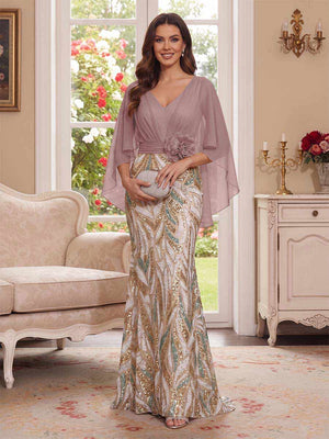 Trumpet/Mermaid V Neck Half Sleeves Floor-Length Mother of the Bride Dresses with Cape & 3D Floral