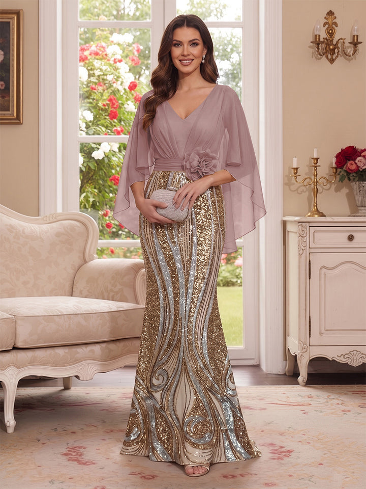 Trumpet/Mermaid V Neck Half Sleeves Floor-Length Mother of the Bride Dresses with Cape &amp; 3D Floral
