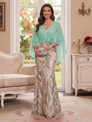 Trumpet/Mermaid V Neck Half Sleeves Floor-Length Mother of the Bride Dresses with Cape & 3D Floral