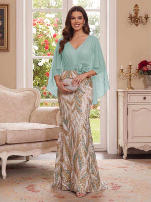Trumpet/Mermaid V Neck Half Sleeves Floor-Length Mother of the Bride Dresses with Cape & 3D Floral