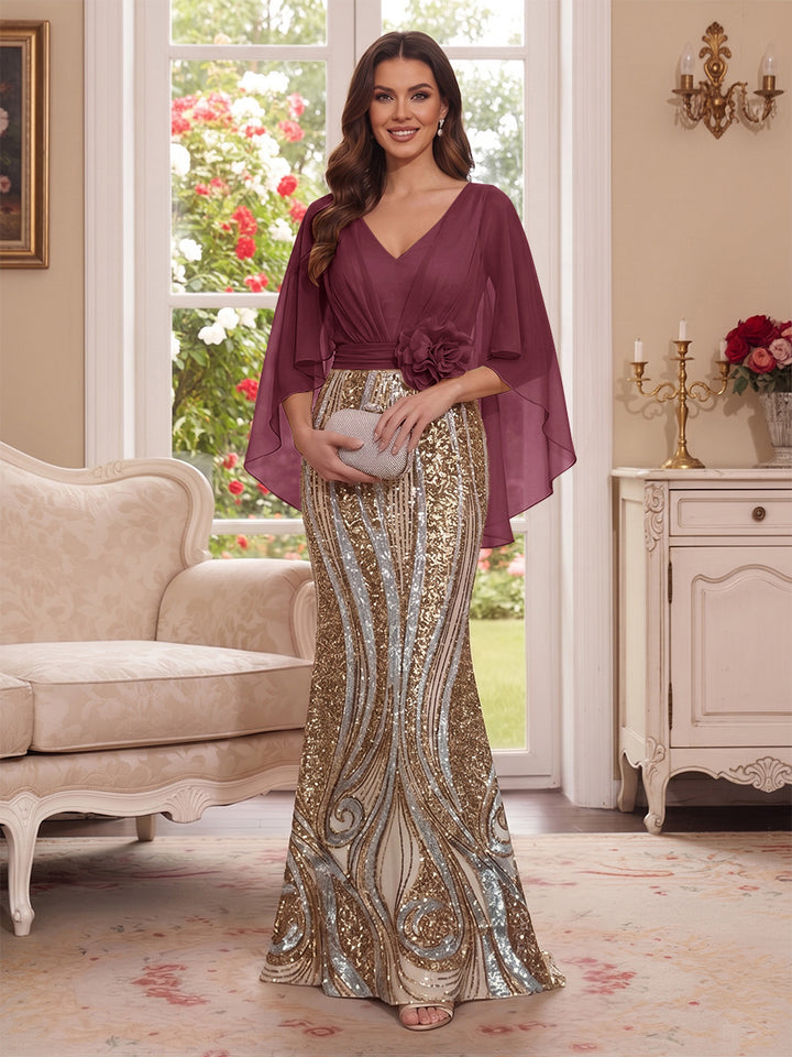 Trumpet/Mermaid V Neck Half Sleeves Floor-Length Mother of the Bride Dresses with Cape &amp; 3D Floral