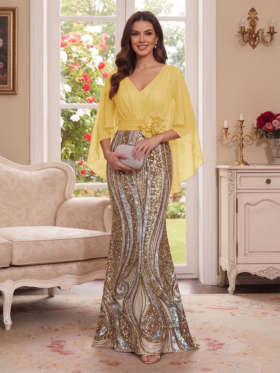 Trumpet/Mermaid V Neck Half Sleeves Floor-Length Mother of the Bride Dresses with Cape &amp; 3D Floral