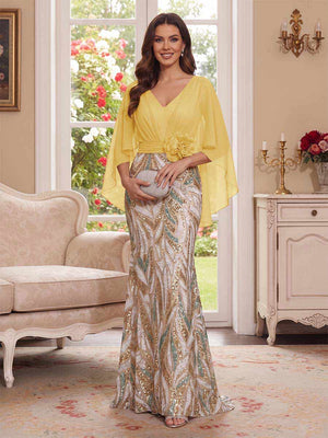 Trumpet/Mermaid V Neck Half Sleeves Floor-Length Mother of the Bride Dresses with Cape & 3D Floral