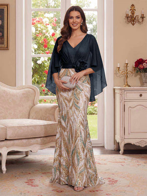 Trumpet/Mermaid V Neck Half Sleeves Floor-Length Mother of the Bride Dresses with Cape & 3D Floral