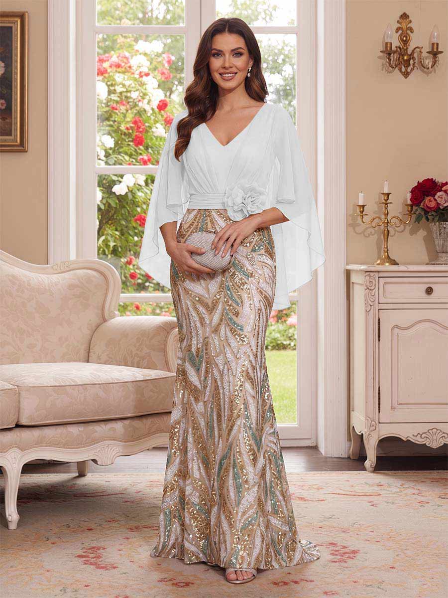 Trumpet/Mermaid V Neck Half Sleeves Floor-Length Mother of the Bride Dresses with Cape &amp; 3D Floral