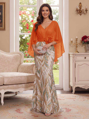 Trumpet/Mermaid V Neck Half Sleeves Floor-Length Mother of the Bride Dresses with Cape & 3D Floral