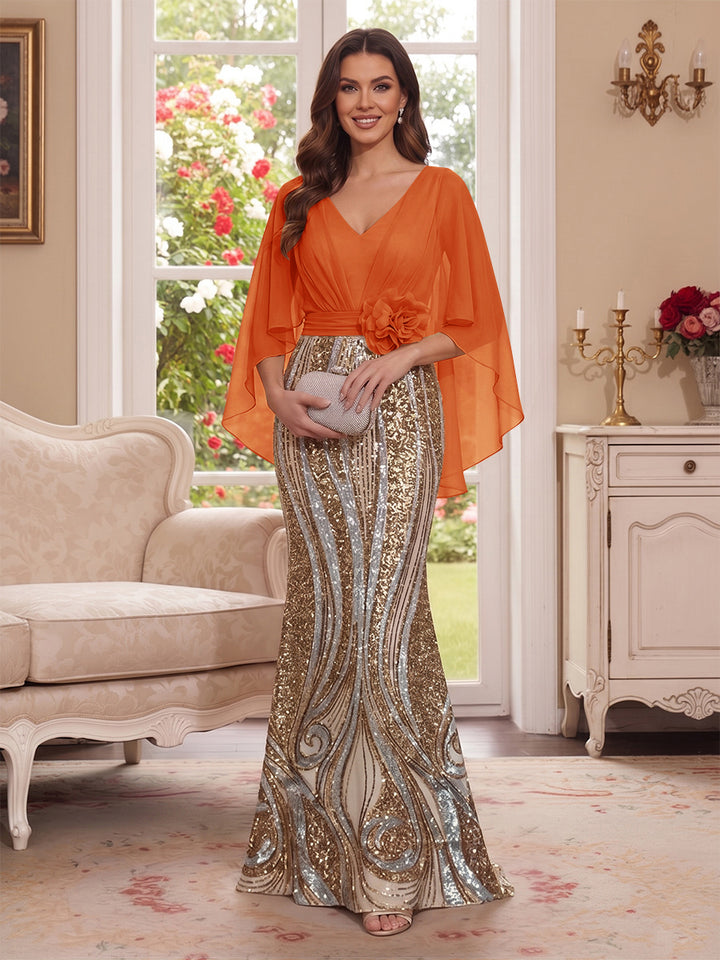 Trumpet/Mermaid V Neck Half Sleeves Floor-Length Mother of the Bride Dresses with Cape &amp; 3D Floral