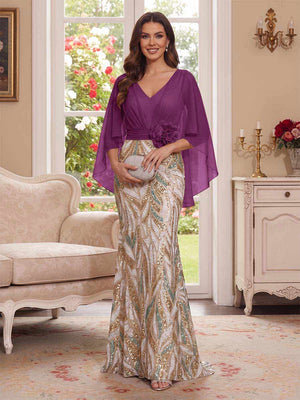 Trumpet/Mermaid V Neck Half Sleeves Floor-Length Mother of the Bride Dresses with Cape & 3D Floral