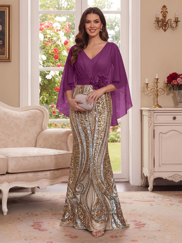Trumpet/Mermaid V Neck Half Sleeves Floor-Length Mother of the Bride Dresses with Cape &amp; 3D Floral