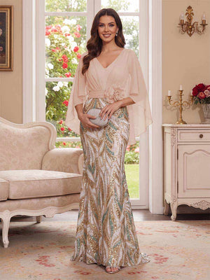 Trumpet/Mermaid V Neck Half Sleeves Floor-Length Mother of the Bride Dresses with Cape & 3D Floral