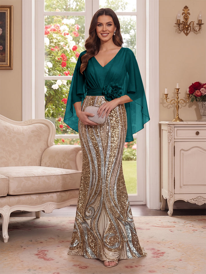 Trumpet/Mermaid V Neck Half Sleeves Floor-Length Mother of the Bride Dresses with Cape &amp; 3D Floral
